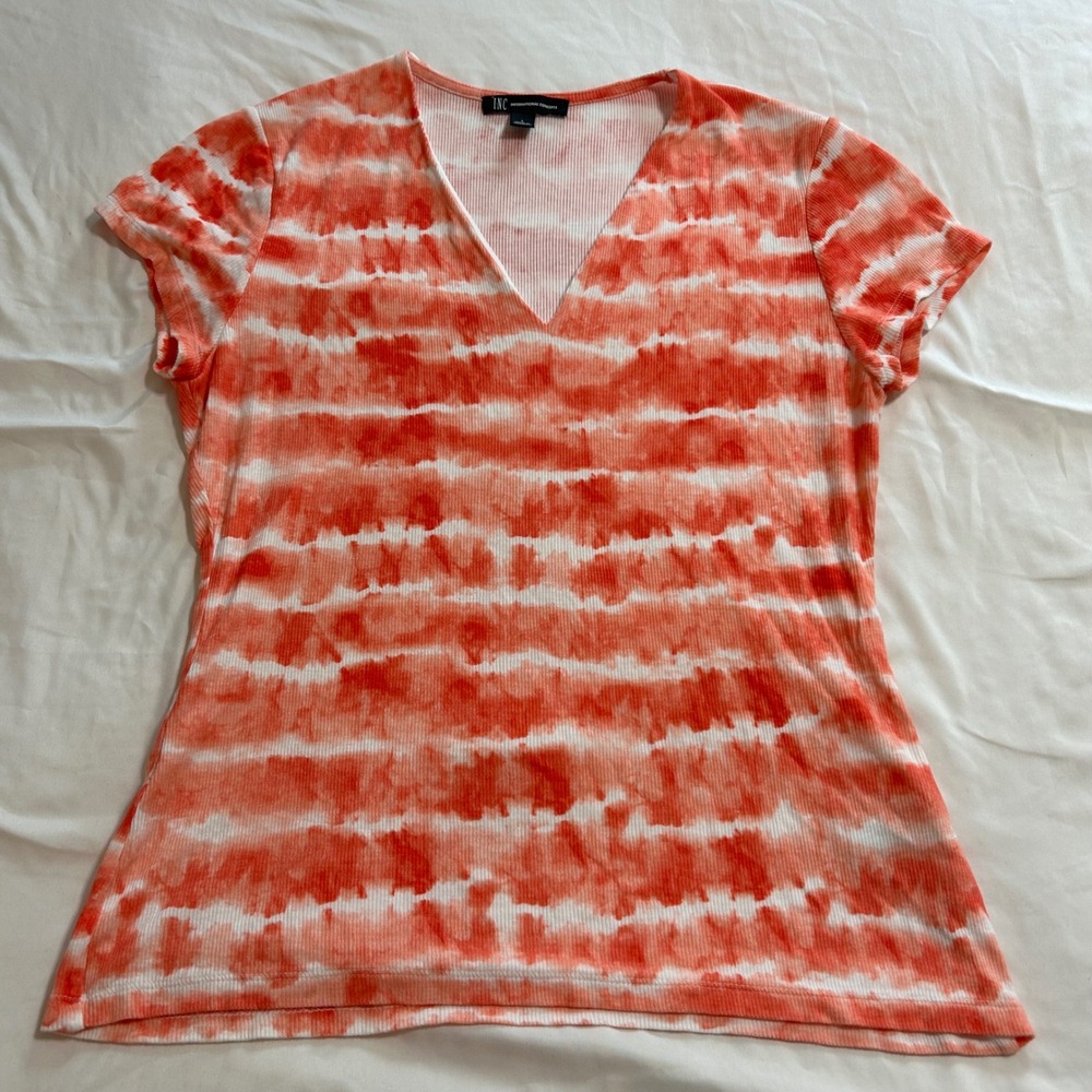 INC International Concepts Girls Orange Tie Dye Ribbed V-Neck Top Large